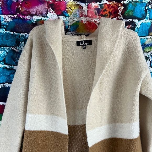 Lulus Carlsbad Tan and Beige Hooded Cardigan Sweater S/M - Picture 8 of 9